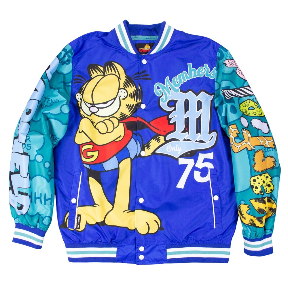 Members Only x Garfield Mens Blue Varsity‎ Bomber Jacket Graphics Size M